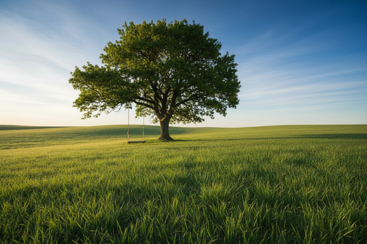 Green grass field with tree and swing